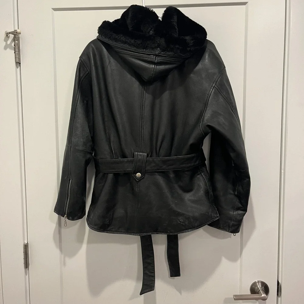 Wilsons Leather Experts Black Leather Thinsulate Hooded Belted Jacket Mens M